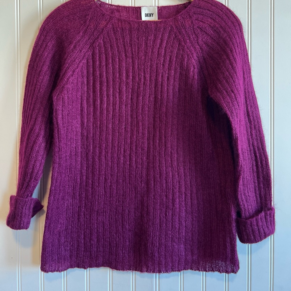 DKNY Women's Rich‎ Purple Crew Neck Sweater small sheer cuff sleeve